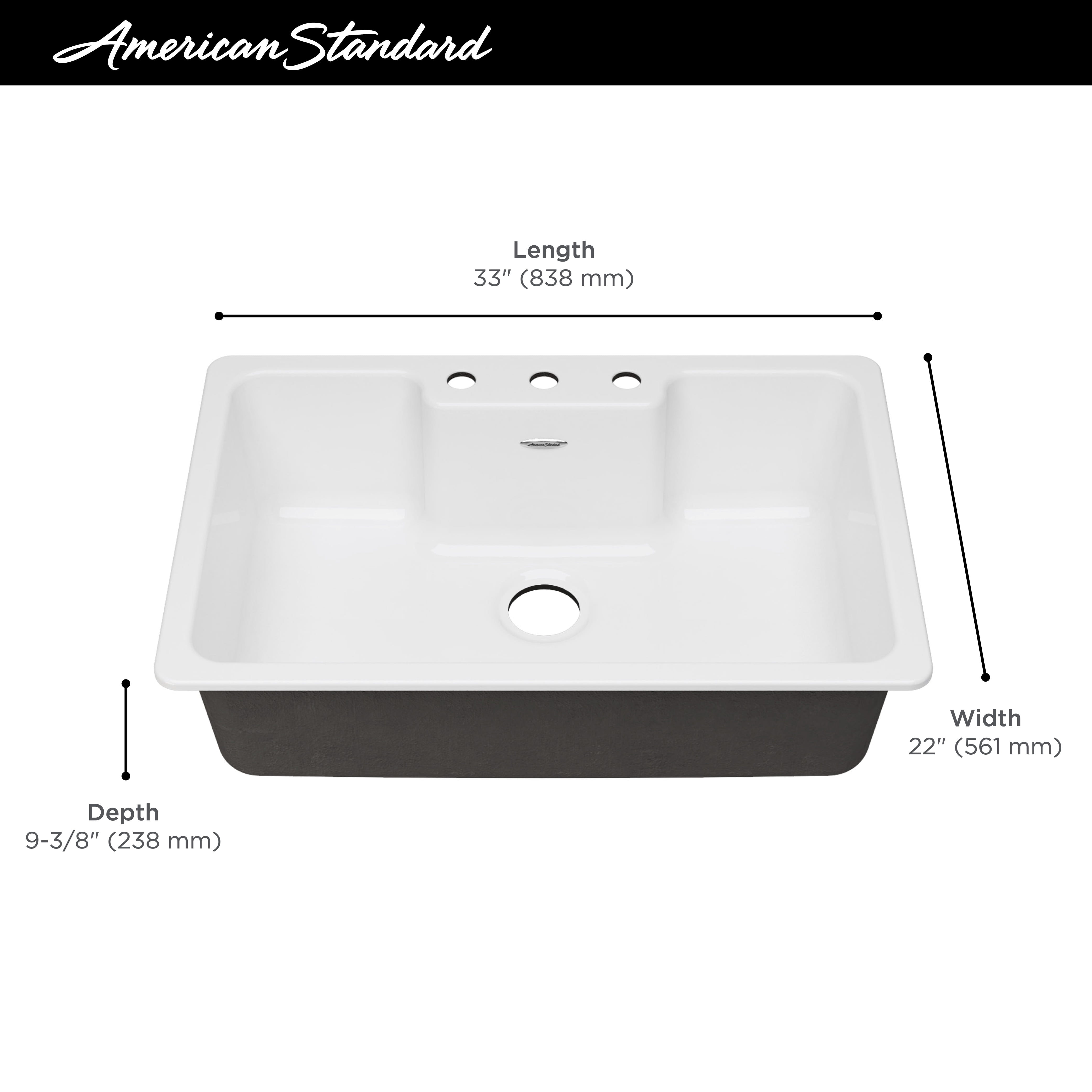 Quince® 33 X 22 Inch Cast Iron 3 Hole Drop In Single Bowl Kitchen Sink